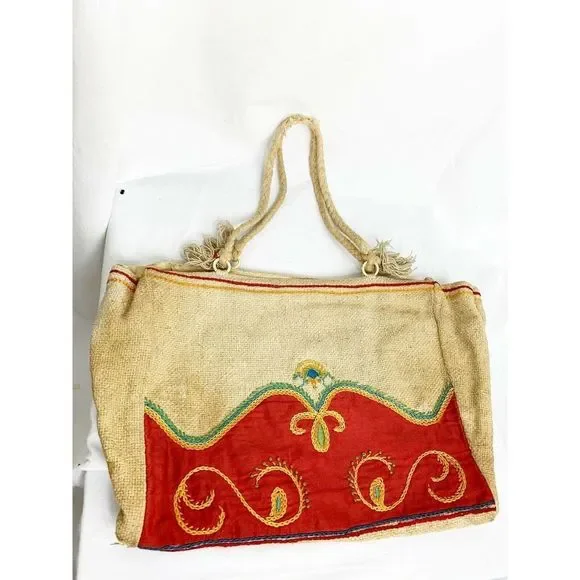 Vtg Bohemian Burlap Embroidered Tote Bag w/ Rope - Picture 1 of 5